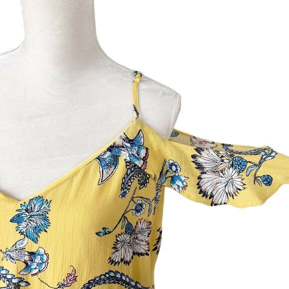 Love, Fire Dress XL Ruffle Strap Yellow Blue Floral Cold Shoulder V Neck Lined - Picture 6 of 11